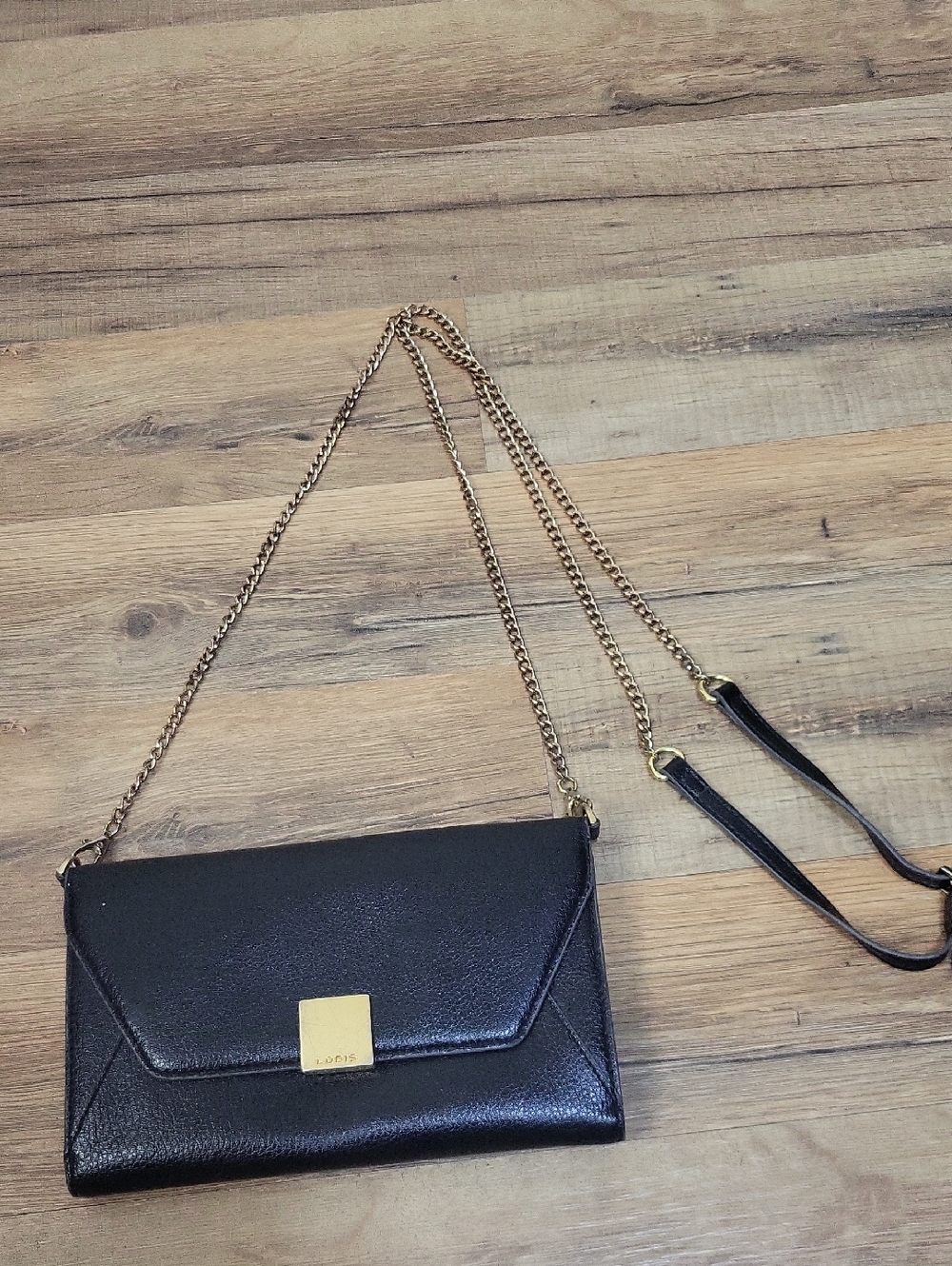 LODIS Black Leather Multipocket Clutch Goldtone Crossbody